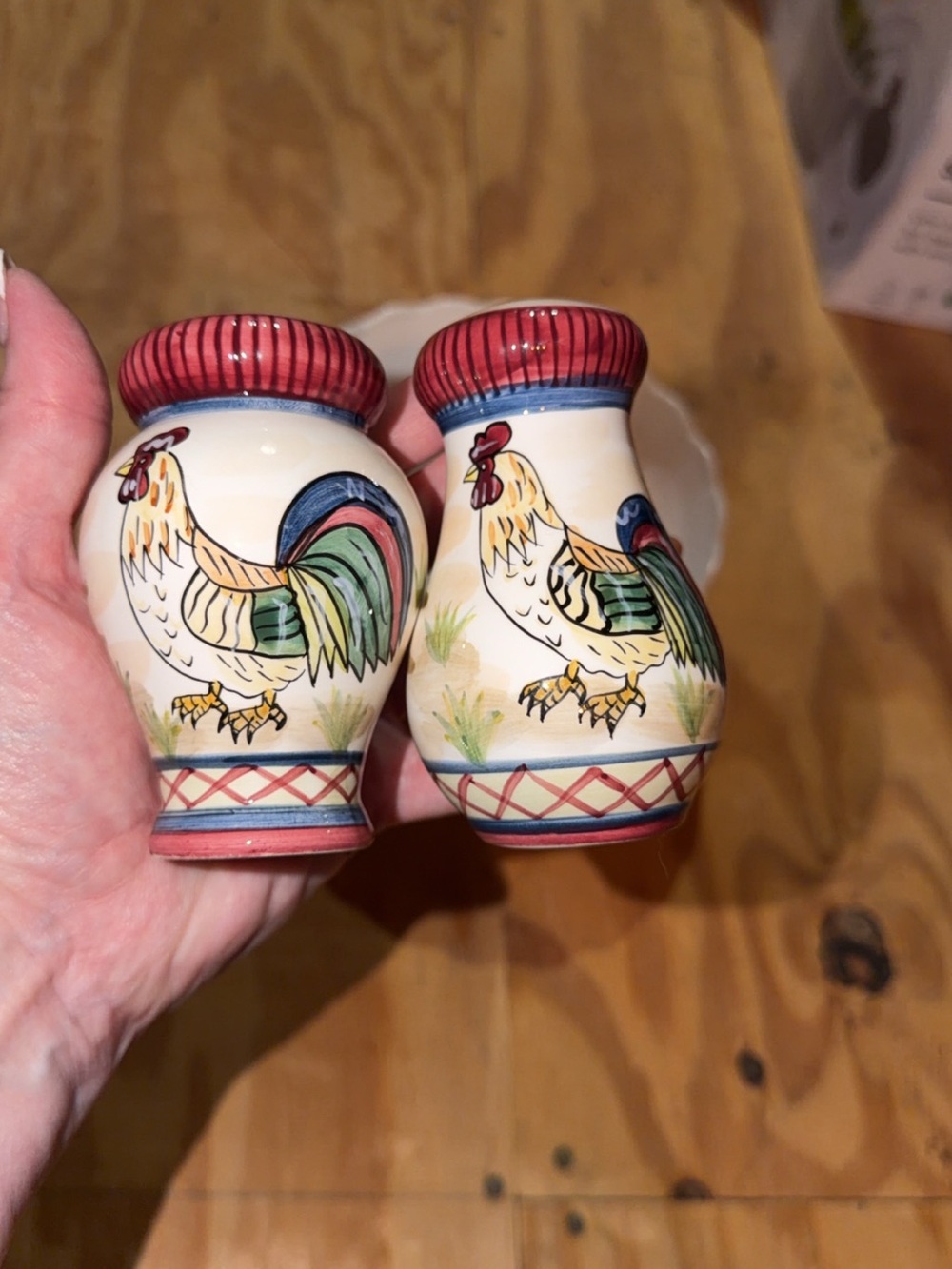 Hand-Painted Rooster Salt and Pepper Shakers - Cream with Red, Green, Blue